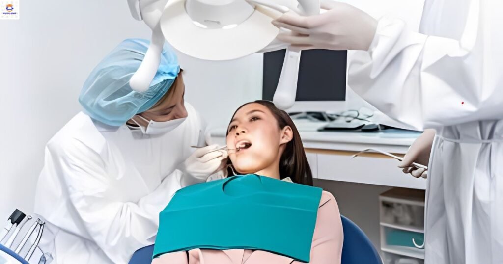 Orthodontist doctor examine tooth to woman patient at dental clinic. Attractive young girl with braces lying on dental chair, getting dental treatment